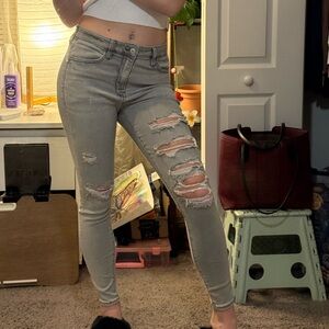American Eagle Outfitters Light Gray Distressed Skinny Jeans Jeggings